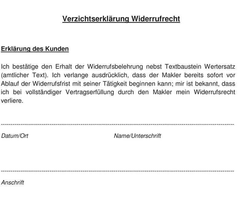 Verzichtserklärung Widerrufrecht Kunde